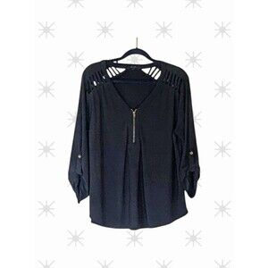 MINE  Black V-neck Top Zipper, Roll Tab Sleeves Blouse Size XL